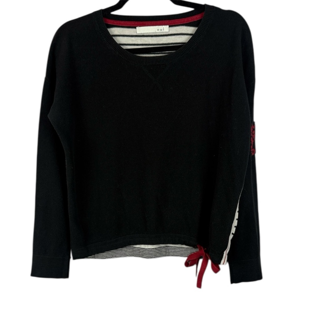 Oui Cotton Black Front Striped Black White Back Red Bow Pocket on Sleeve Top